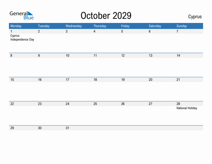 Fillable October 2029 Calendar