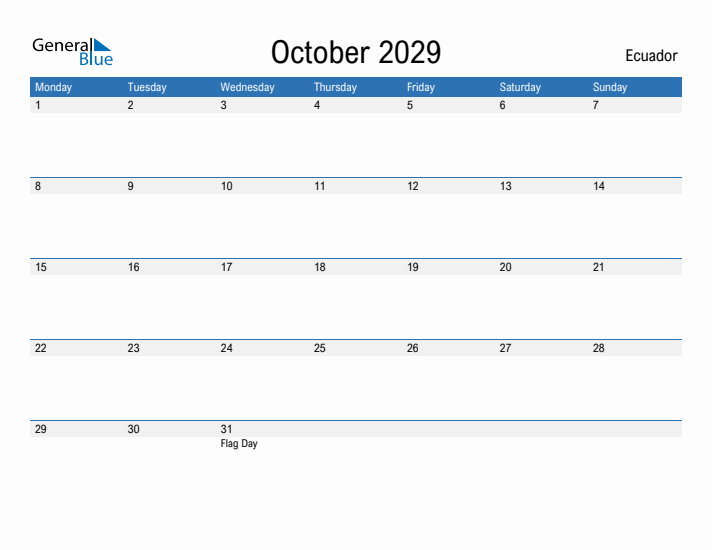 Fillable October 2029 Calendar