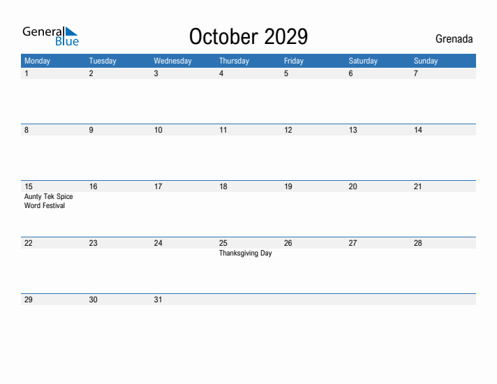 Fillable October 2029 Calendar