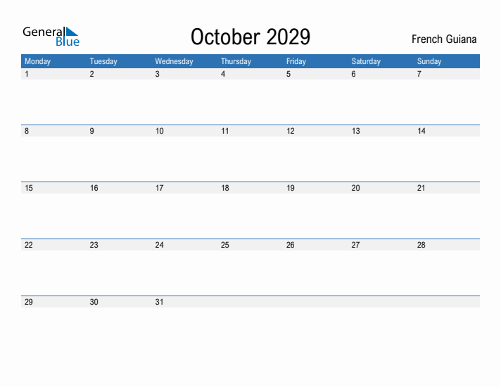 Fillable October 2029 Calendar