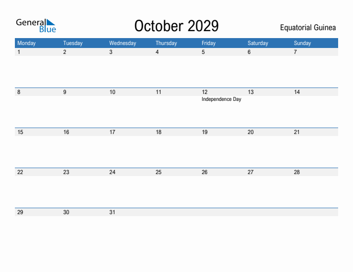 Fillable October 2029 Calendar