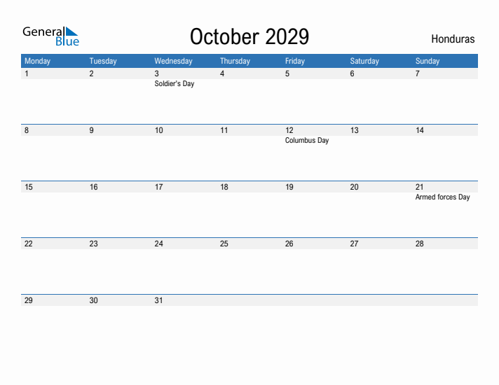 Fillable October 2029 Calendar