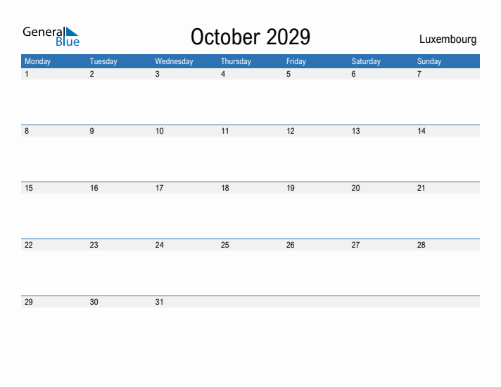 Fillable October 2029 Calendar