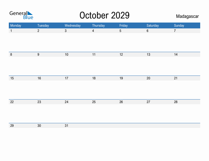 Fillable October 2029 Calendar