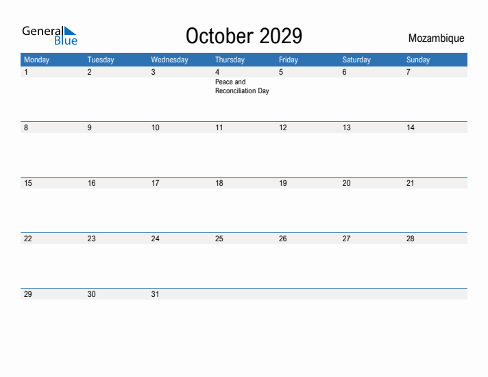 Fillable October 2029 Calendar