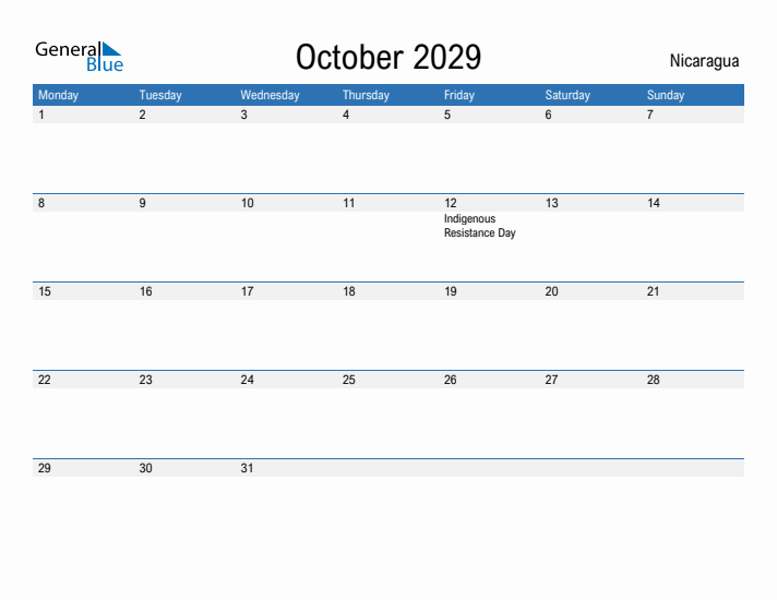 Fillable October 2029 Calendar