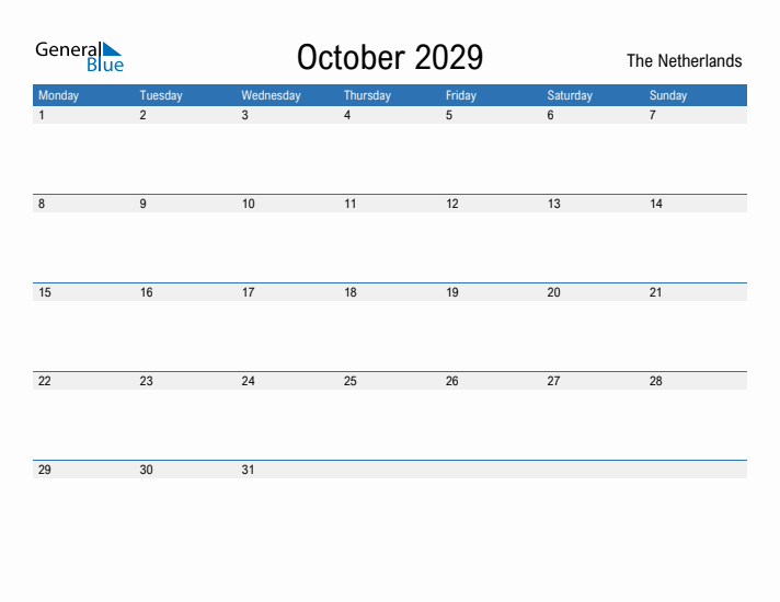 Fillable October 2029 Calendar