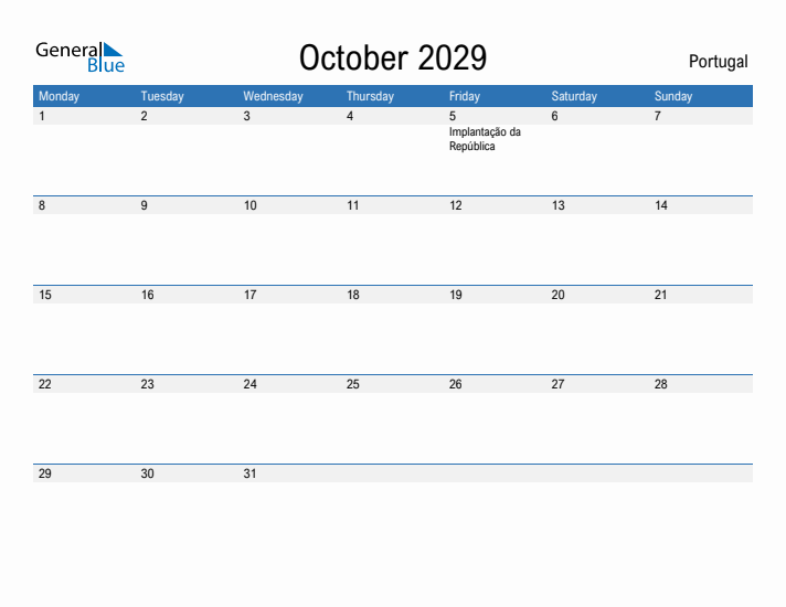 Fillable October 2029 Calendar