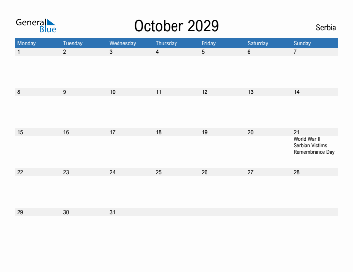 Fillable October 2029 Calendar