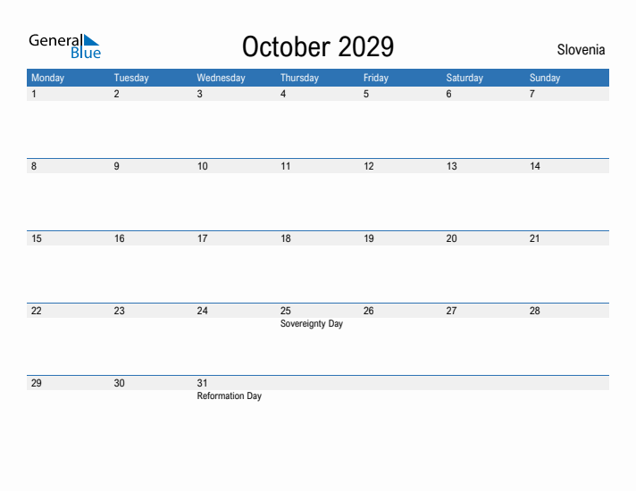 Fillable October 2029 Calendar