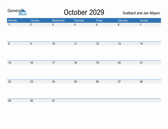 Fillable October 2029 Calendar