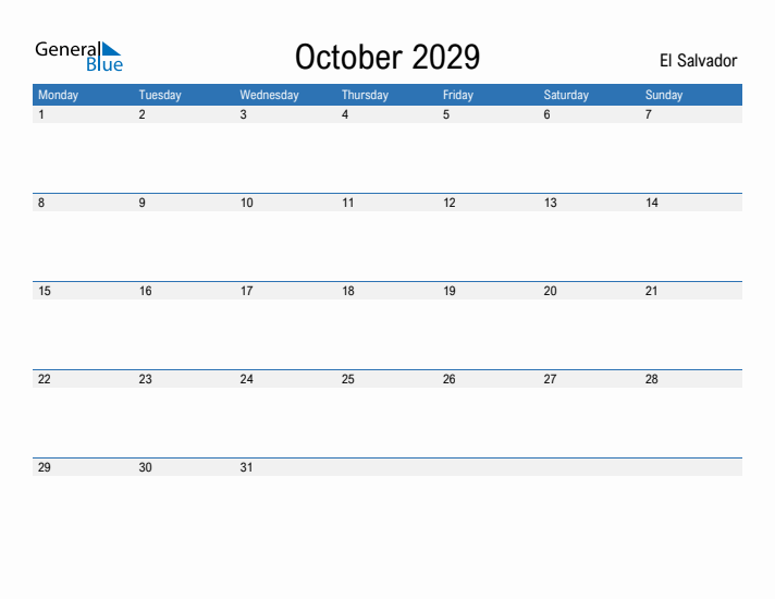 Fillable October 2029 Calendar