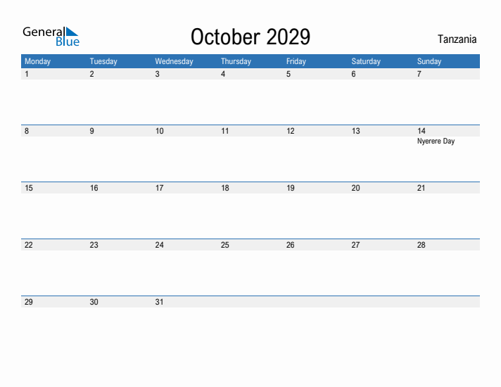 Fillable October 2029 Calendar