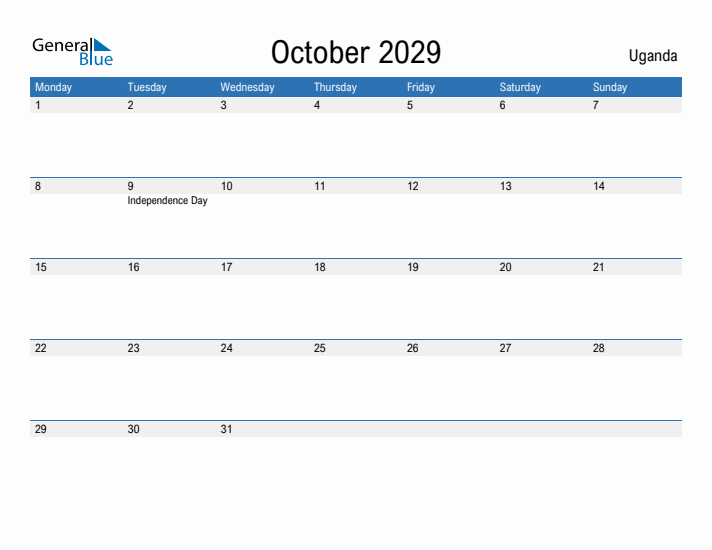 Fillable October 2029 Calendar