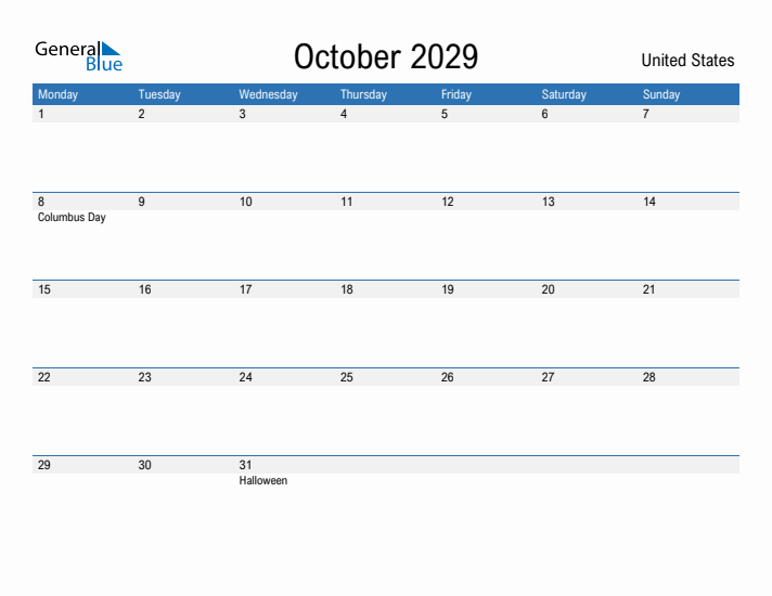 Fillable October 2029 Calendar