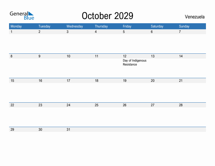 Fillable October 2029 Calendar