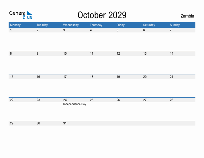 Fillable October 2029 Calendar