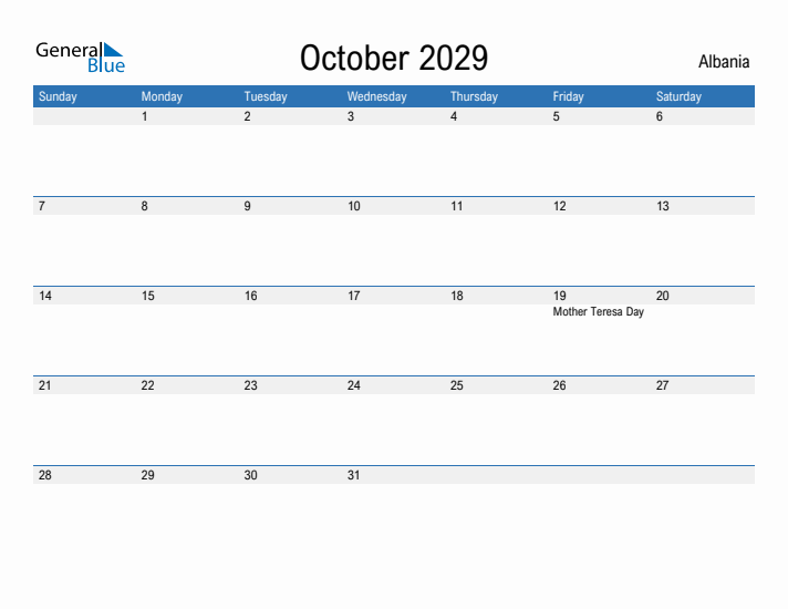 Fillable October 2029 Calendar