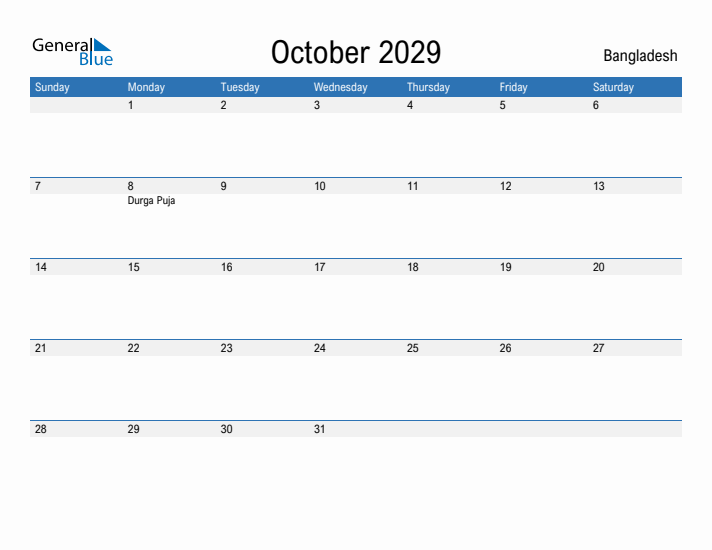 Fillable October 2029 Calendar