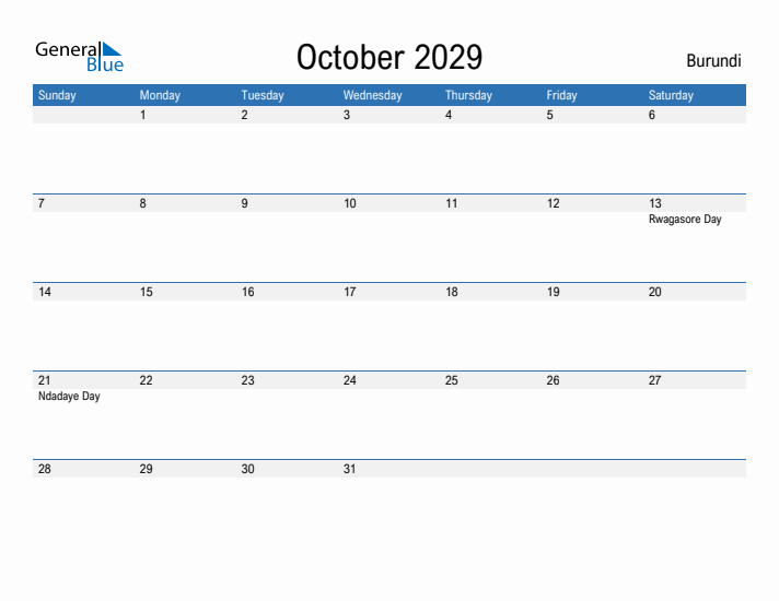 Fillable October 2029 Calendar