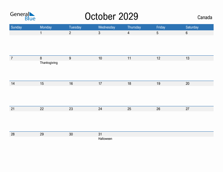 Fillable October 2029 Calendar