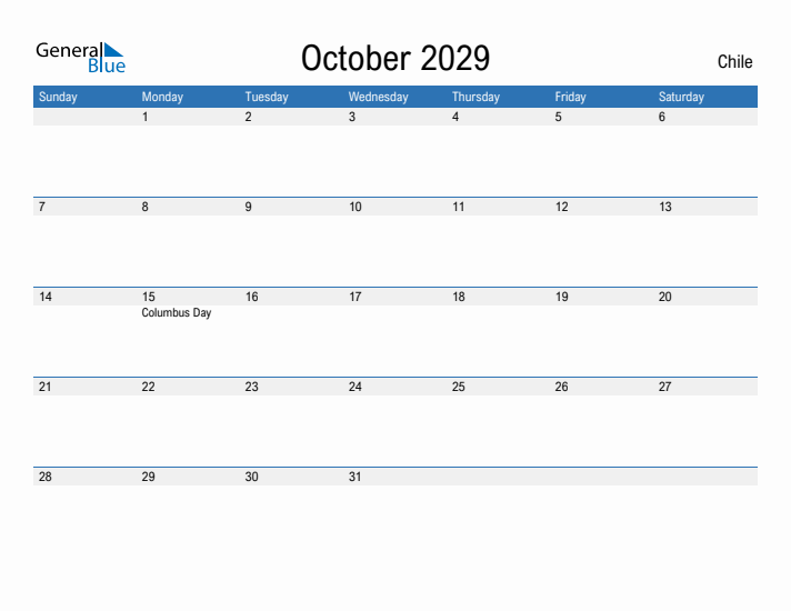 Fillable October 2029 Calendar