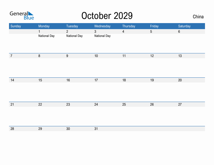 Fillable October 2029 Calendar