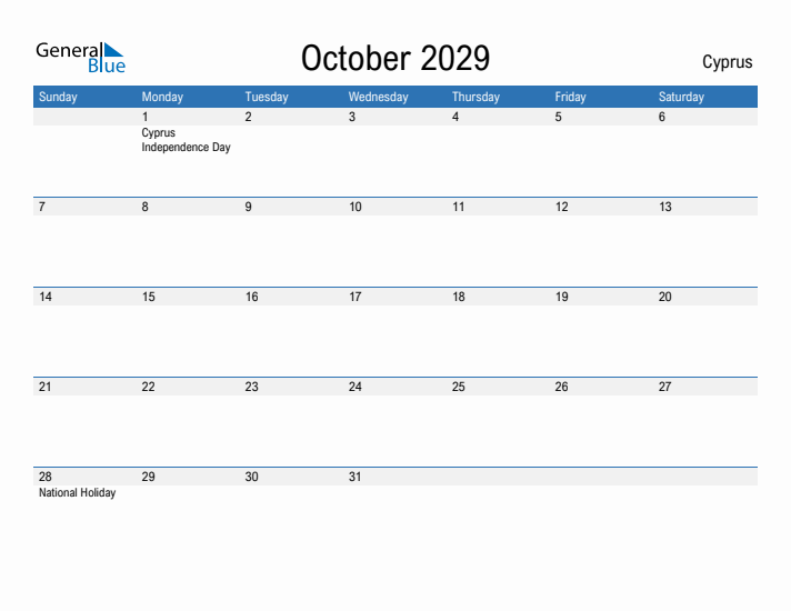 Fillable October 2029 Calendar