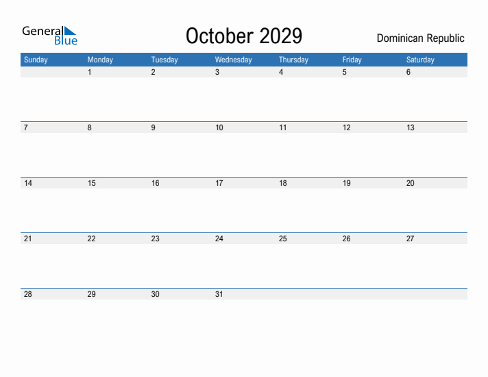 Fillable October 2029 Calendar