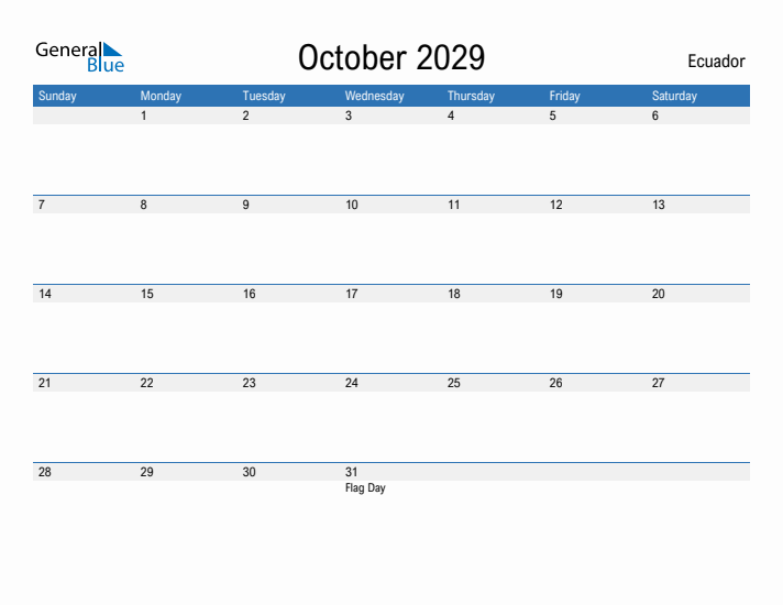 Fillable October 2029 Calendar