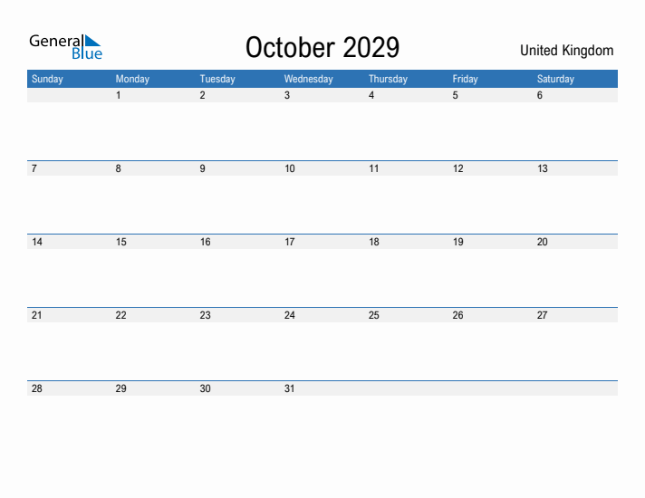 Fillable October 2029 Calendar