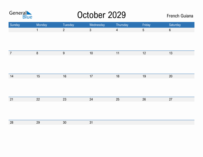 Fillable October 2029 Calendar