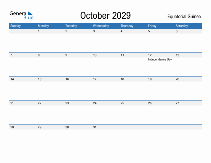 Fillable October 2029 Calendar