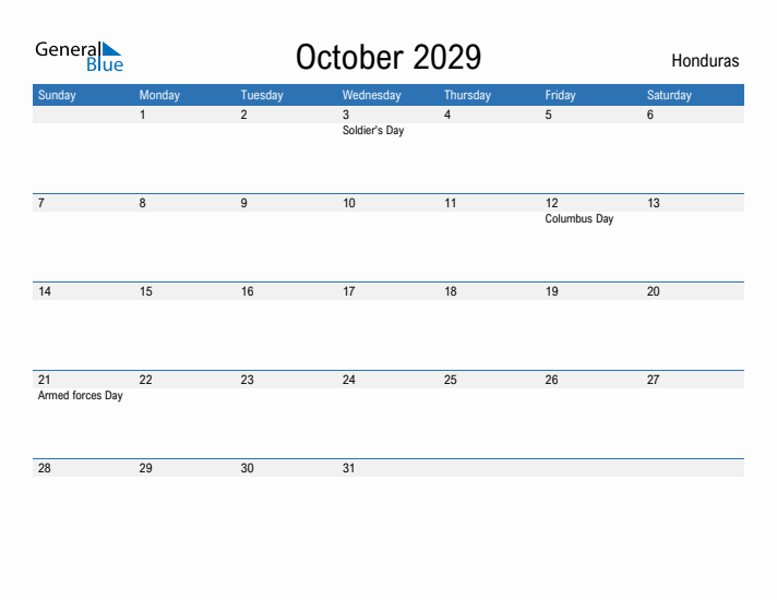 Fillable October 2029 Calendar