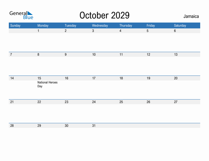 Fillable October 2029 Calendar