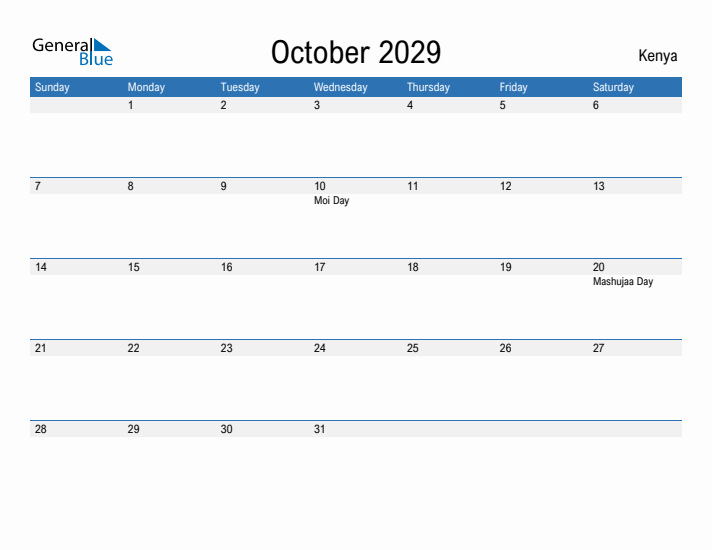 Fillable October 2029 Calendar