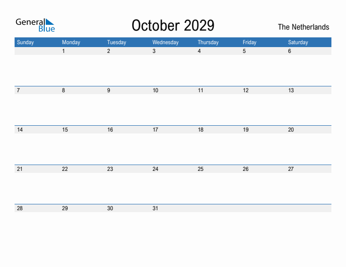 Fillable October 2029 Calendar