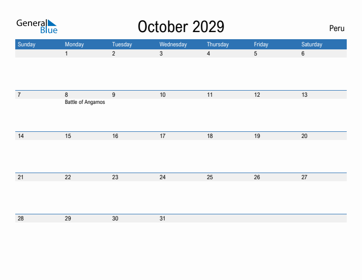 Fillable October 2029 Calendar