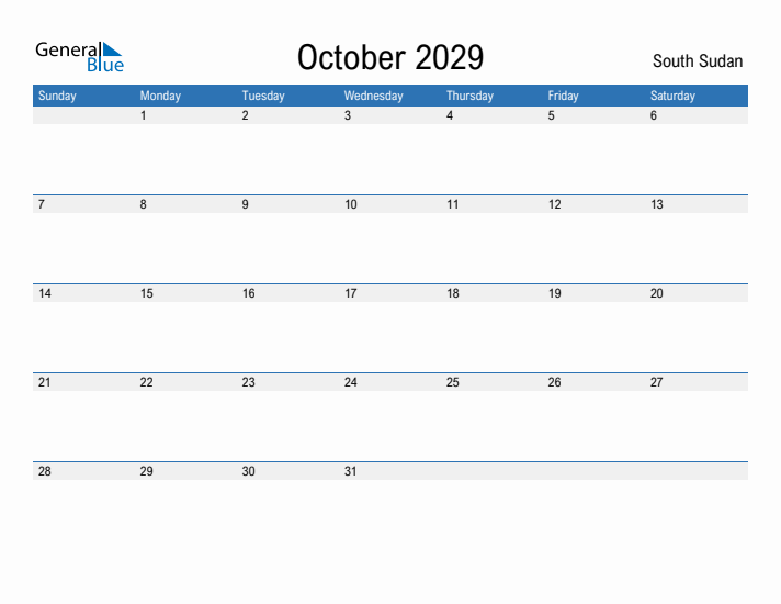 Fillable October 2029 Calendar