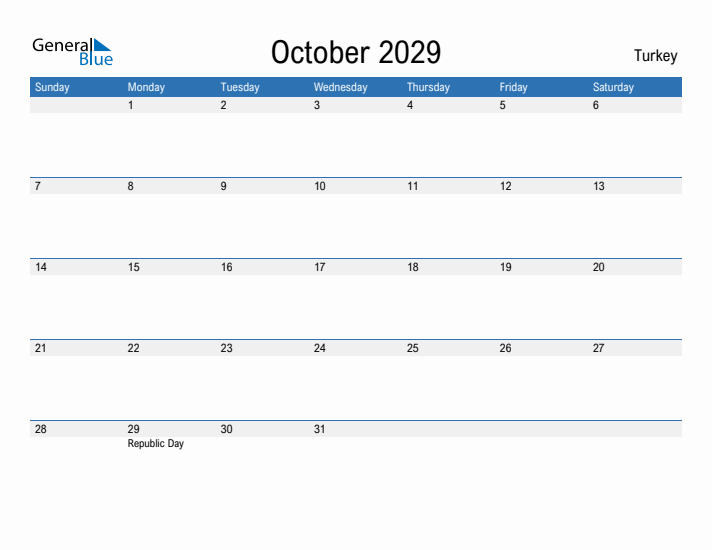 Fillable October 2029 Calendar