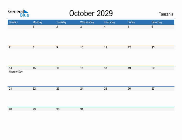 Fillable October 2029 Calendar