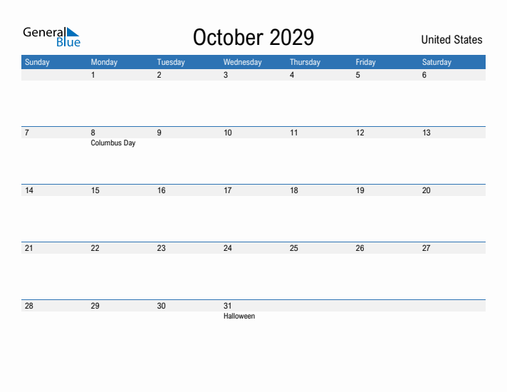 Fillable October 2029 Calendar