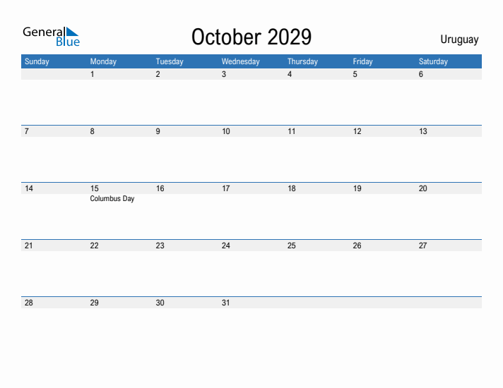 Fillable October 2029 Calendar