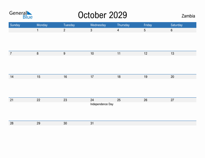 Fillable October 2029 Calendar