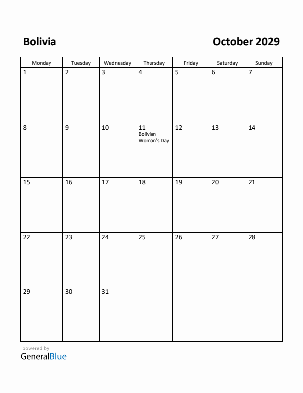 October 2029 Calendar with Bolivia Holidays