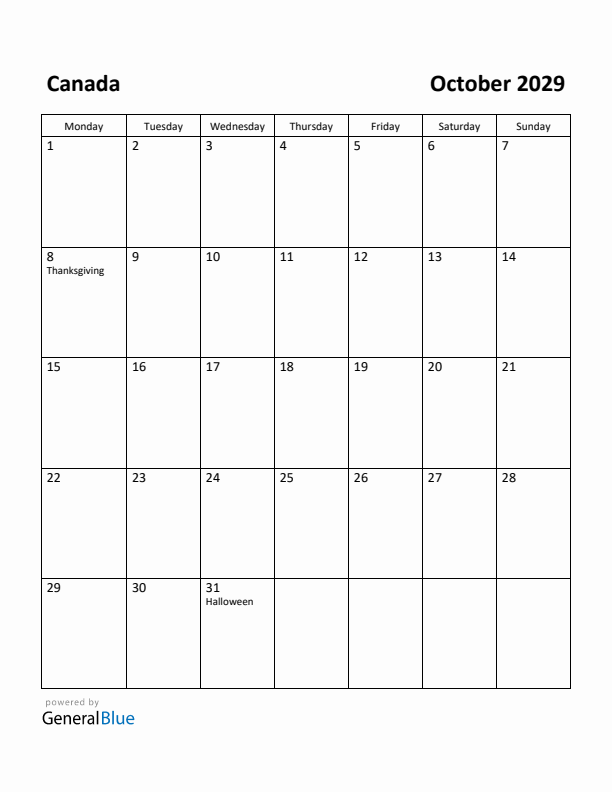 October 2029 Calendar with Canada Holidays