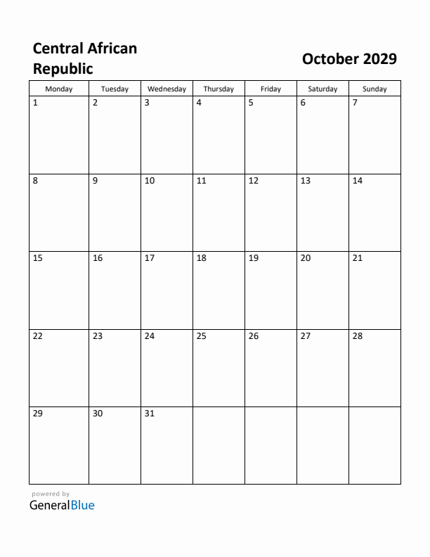 October 2029 Calendar with Central African Republic Holidays