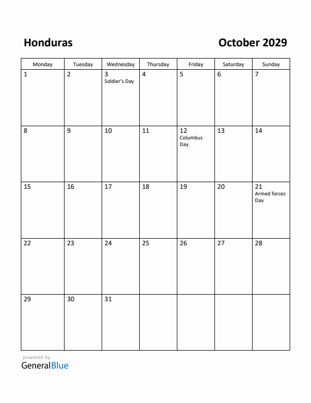 October 2029 Calendar with Honduras Holidays