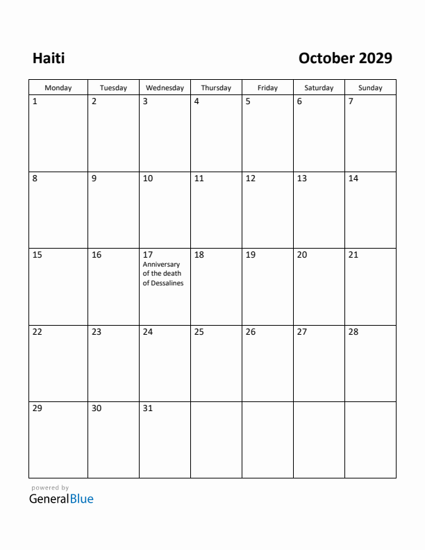 October 2029 Calendar with Haiti Holidays