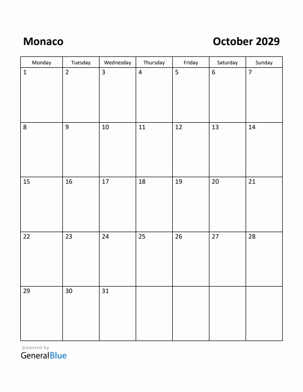 October 2029 Calendar with Monaco Holidays